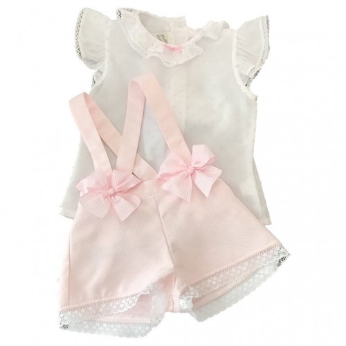 Pink & White Bow Dungarees Set 